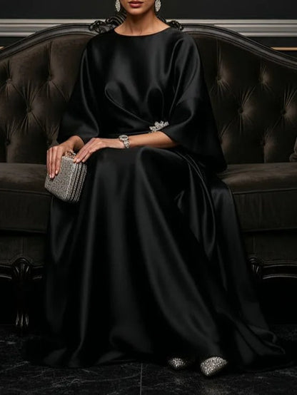 Elegant Satin Maxi Dress for Women with Round Neck Flutter Sleeve Draped Waist Formal Evening Style