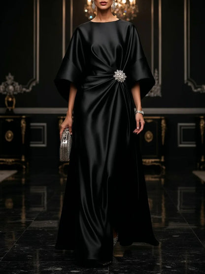 Elegant Satin Maxi Dress for Women with Round Neck Flutter Sleeve Draped Waist Formal Evening Style