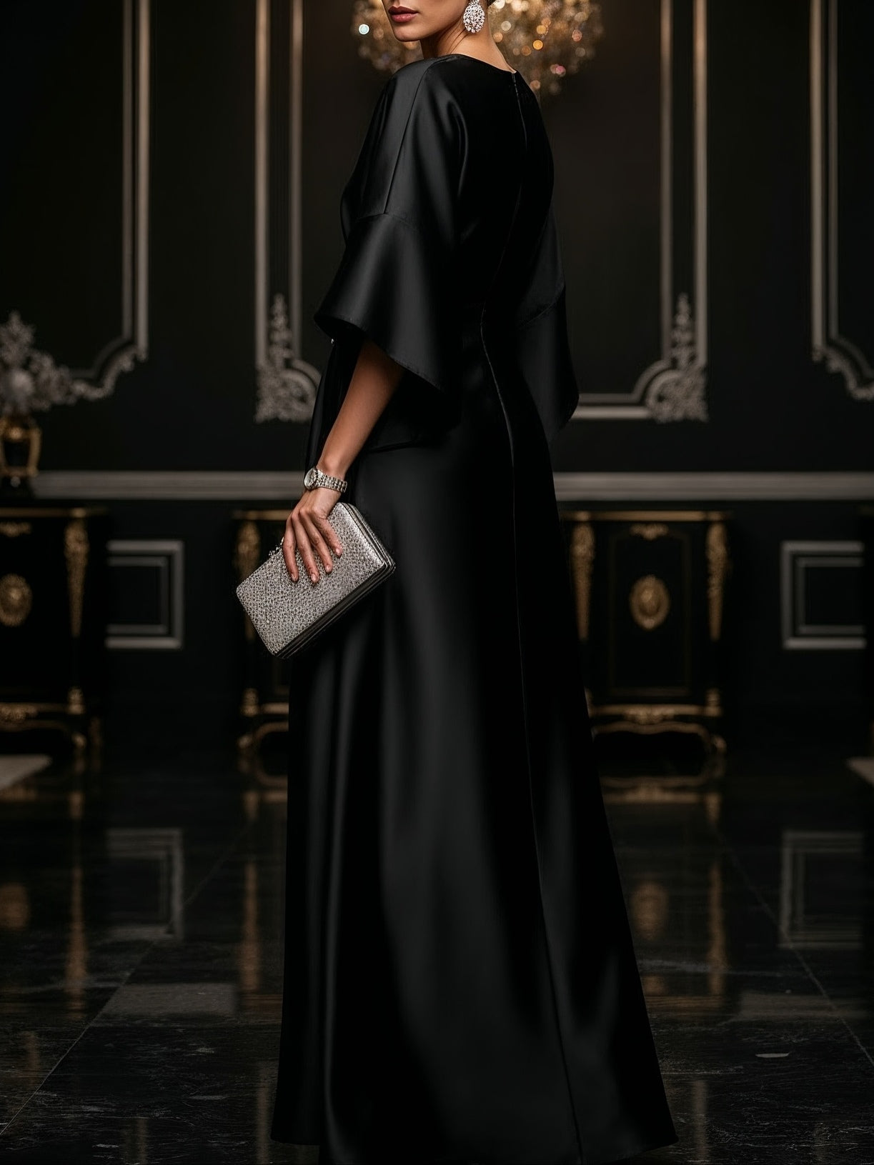 Elegant Satin Maxi Dress for Women with Round Neck Flutter Sleeve Draped Waist Formal Evening Style