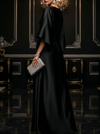 Elegant Satin Maxi Dress for Women with Round Neck Flutter Sleeve Draped Waist Formal Evening Style