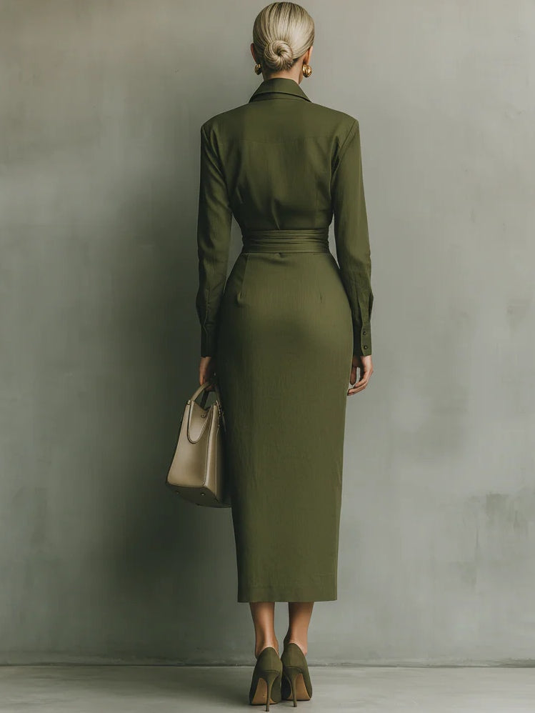 Elegant Army Green Wrap Dress for Women with Collar Long Sleeve Ruched Draped Column Flowing Style