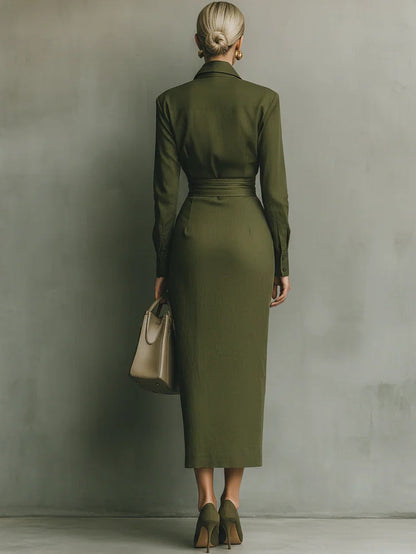 Elegant Army Green Wrap Dress for Women with Collar Long Sleeve Ruched Draped Column Flowing Style