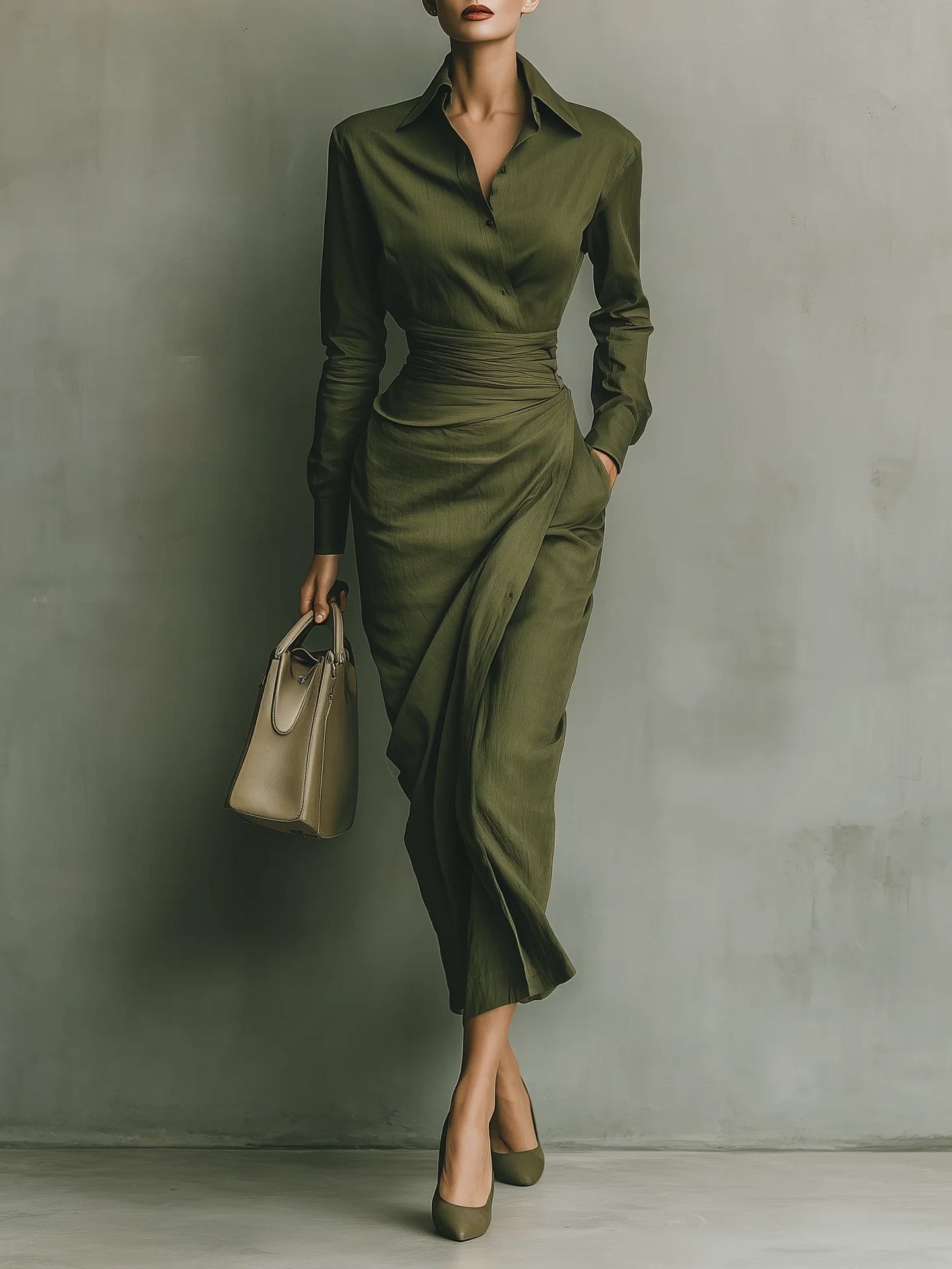 Elegant Army Green Wrap Dress for Women with Collar Long Sleeve Ruched Draped Column Flowing Style