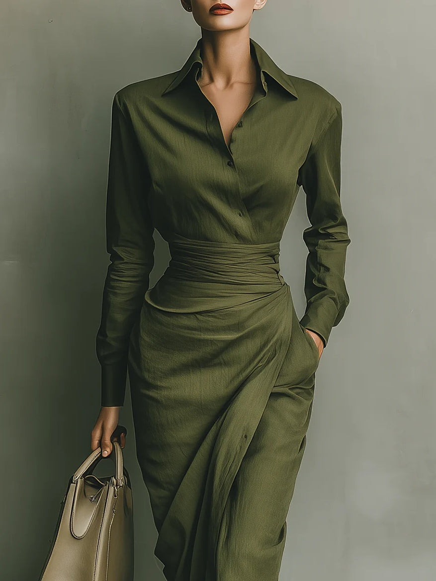 Elegant Army Green Wrap Dress for Women with Collar Long Sleeve Ruched Draped Column Flowing Style