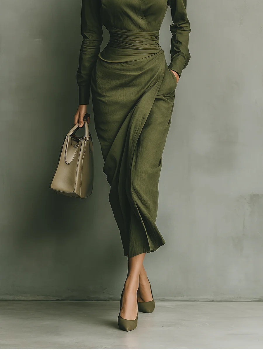 Elegant Army Green Wrap Dress for Women with Collar Long Sleeve Ruched Draped Column Flowing Style
