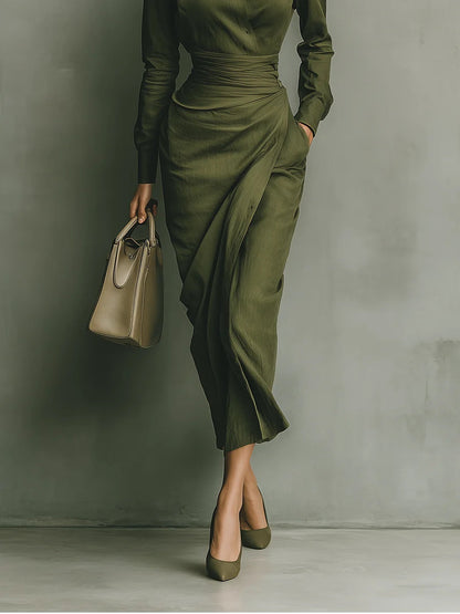 Elegant Army Green Wrap Dress for Women with Collar Long Sleeve Ruched Draped Column Flowing Style