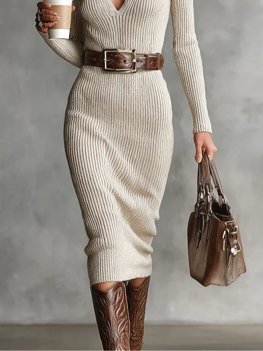 Elegant Beige Ribbed Knit Sweater Dress for Women with Collared V Neck Long Sleeve Bodycon Midi Style