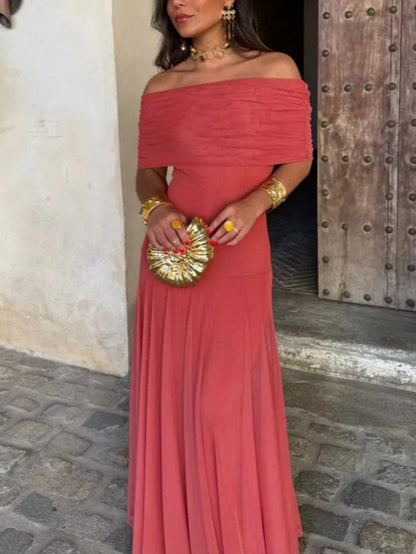 Elegant Sheer Mesh Maxi Dress for Women with Off Shoulder Short Sleeve Ruched Flowing Style
