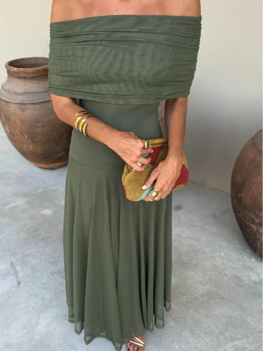 Elegant Sheer Mesh Maxi Dress for Women with Off Shoulder Short Sleeve Ruched Flowing Style