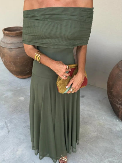 Elegant Sheer Mesh Maxi Dress for Women with Off Shoulder Short Sleeve Ruched Flowing Style