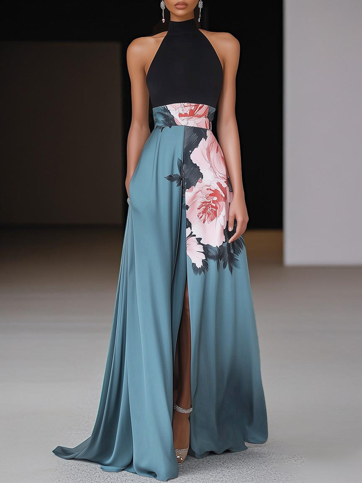 Elegant Floral Colorblock Maxi Dress for Women with Halter Neck Sleeveless High Slit Formal Wedding Guest Style
