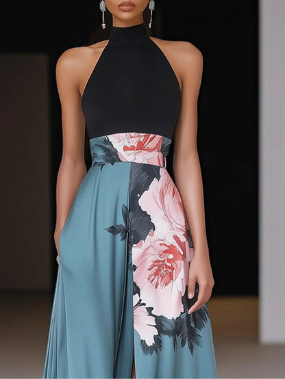 Elegant Floral Colorblock Maxi Dress for Women with Halter Neck Sleeveless High Slit Formal Wedding Guest Style