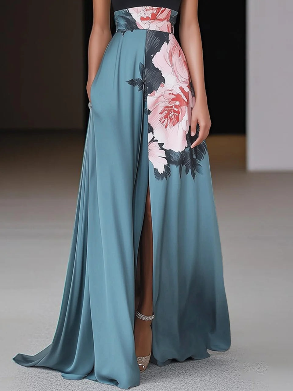 Elegant Floral Colorblock Maxi Dress for Women with Halter Neck Sleeveless High Slit Formal Wedding Guest Style