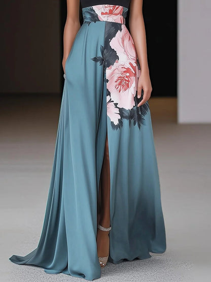 Elegant Floral Colorblock Maxi Dress for Women with Halter Neck Sleeveless High Slit Formal Wedding Guest Style