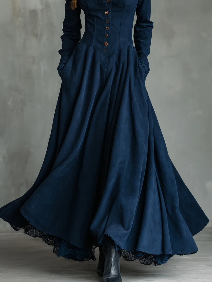 Elegant Dark Blue Maxi Dress for Women with High Neck Long Sleeve Button Front Flowing Victorian Style