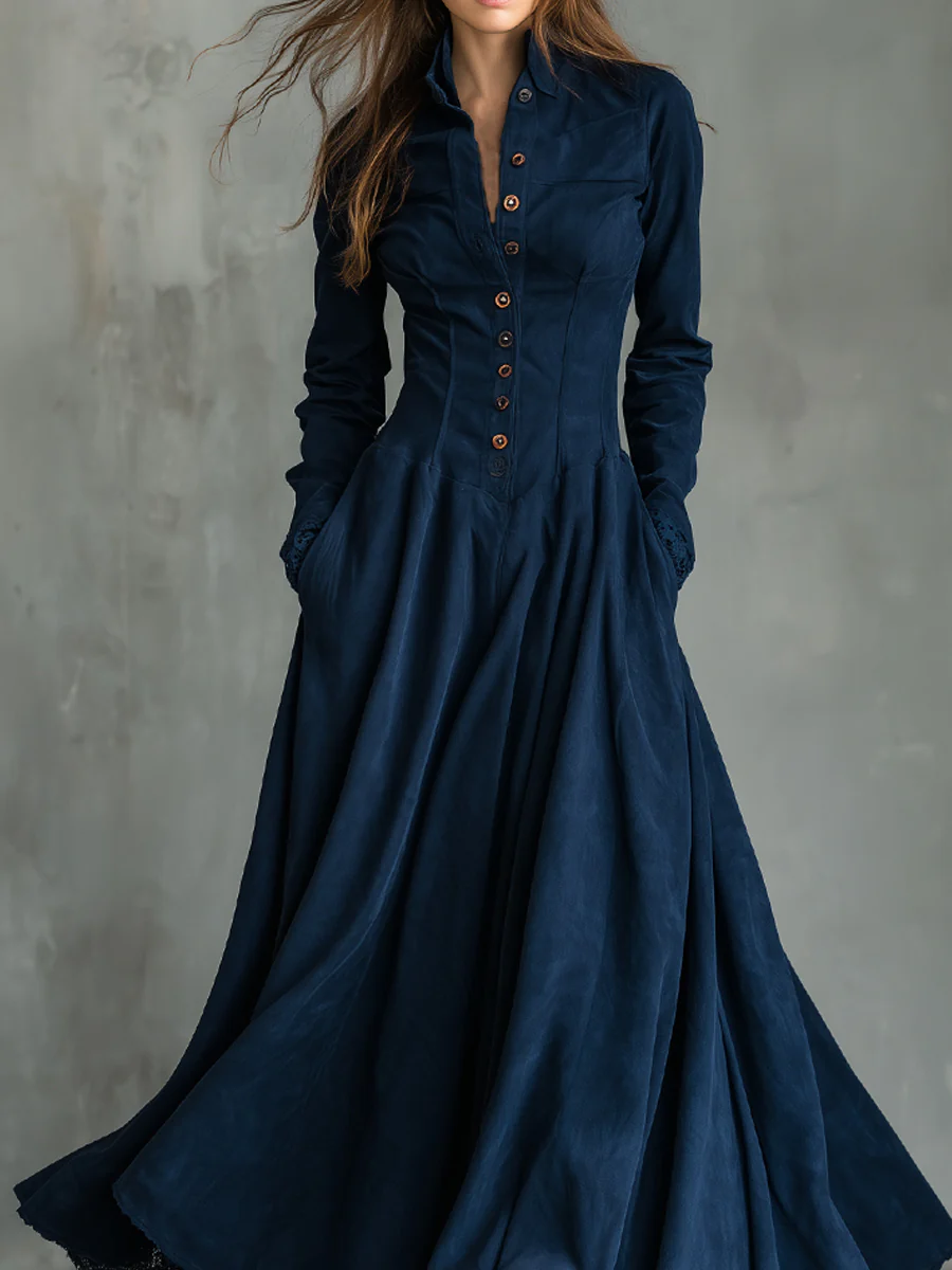 Elegant Dark Blue Maxi Dress for Women with High Neck Long Sleeve Button Front Flowing Victorian Style