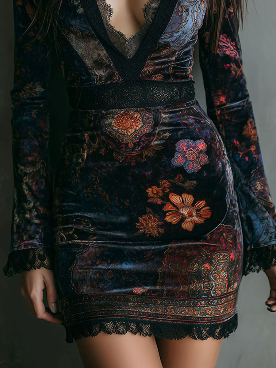 Elegant Multicolor Velvet Mini Dress for Women with V Neck Long Sleeve Lace Trim Bodycon Boho Style