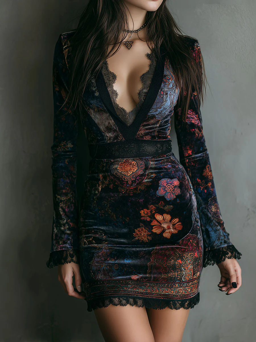 Elegant Multicolor Velvet Mini Dress for Women with V Neck Long Sleeve Lace Trim Bodycon Boho Style