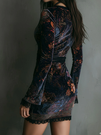Elegant Multicolor Velvet Mini Dress for Women with V Neck Long Sleeve Lace Trim Bodycon Boho Style