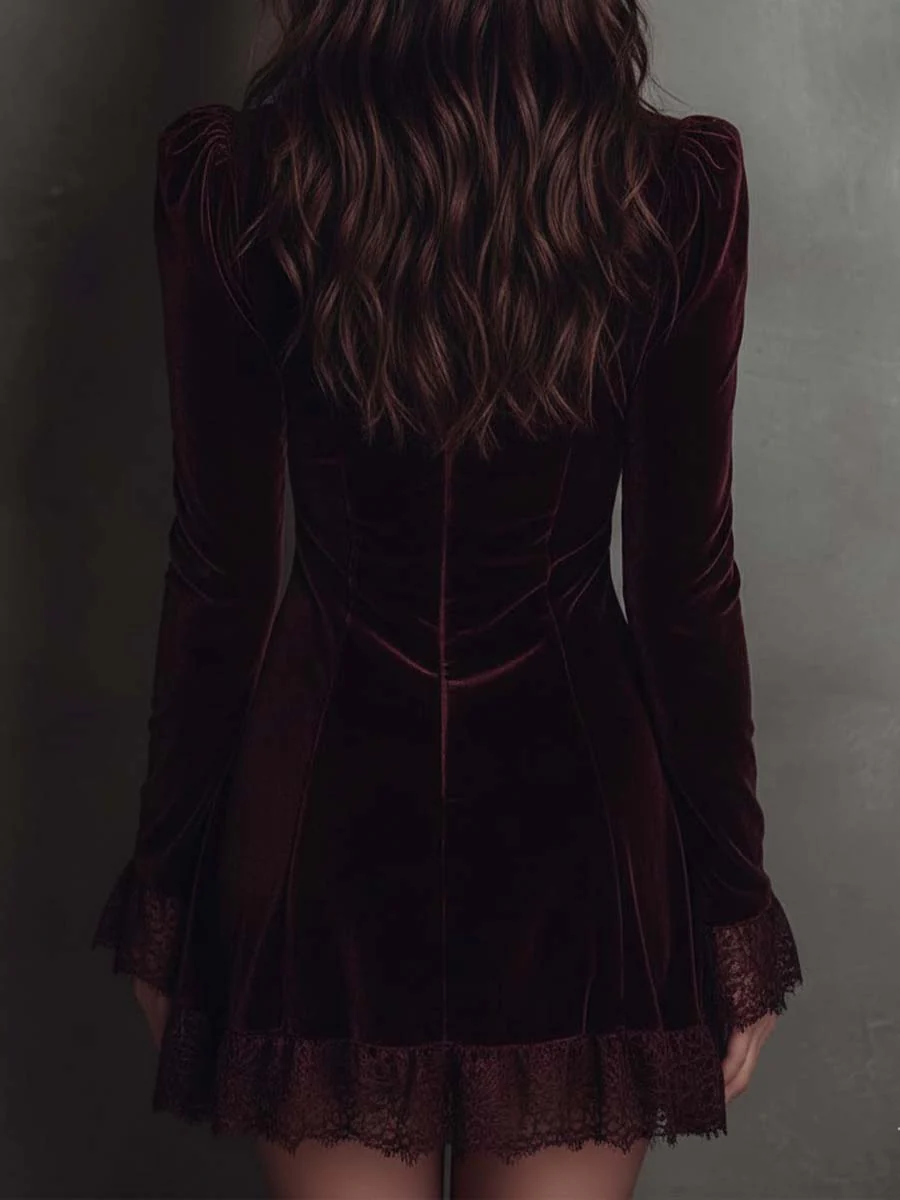 Elegant Burgundy Velvet Mini Dress for Women with V Neck Long Sleeve Lace Trim Ruffle Hem Style