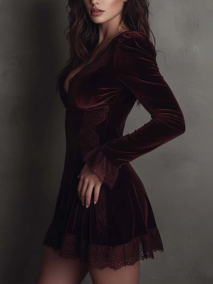 Elegant Burgundy Velvet Mini Dress for Women with V Neck Long Sleeve Lace Trim Ruffle Hem Style