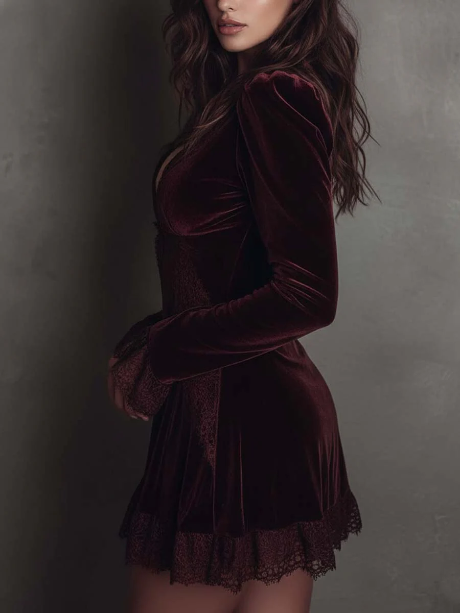 Elegant Burgundy Velvet Mini Dress for Women with V Neck Long Sleeve Lace Trim Ruffle Hem Style