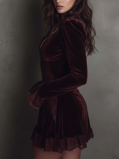Elegant Burgundy Velvet Mini Dress for Women with V Neck Long Sleeve Lace Trim Ruffle Hem Style