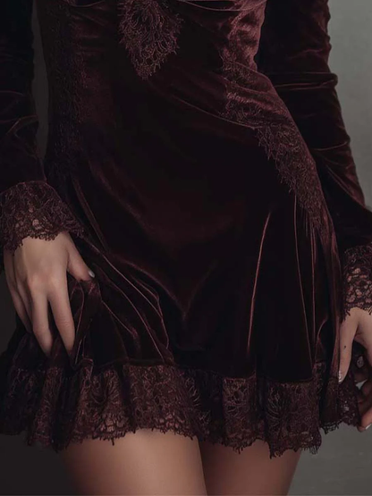 Elegant Burgundy Velvet Mini Dress for Women with V Neck Long Sleeve Lace Trim Ruffle Hem Style