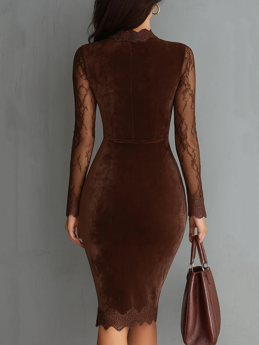 Elegant Brown Velvet Midi Dress for Women with Lace High Neck Long Sleeve Bodycon Cocktail Style