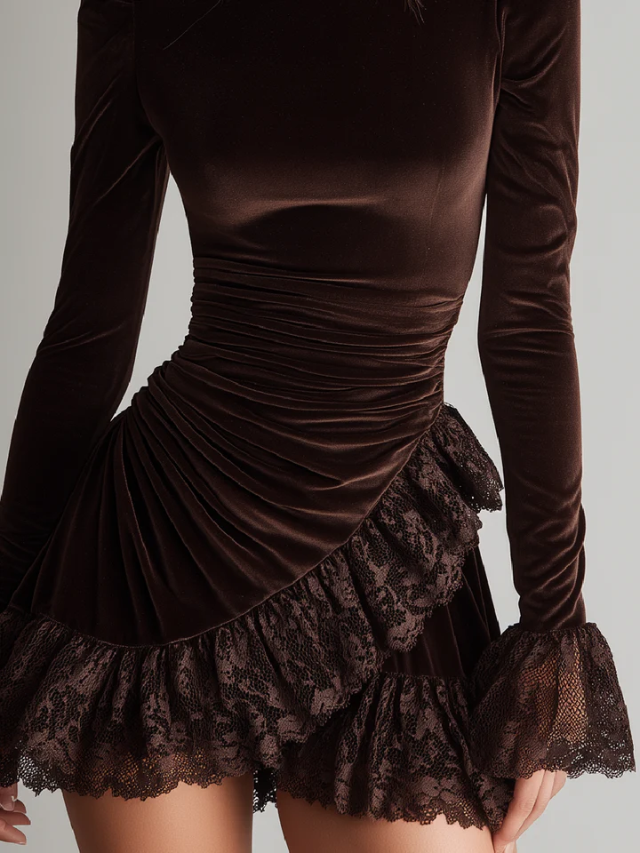 Elegant Brown Velvet Mini Dress for Women with High Neck Long Sleeve Ruched Lace Ruffle Cocktail Style