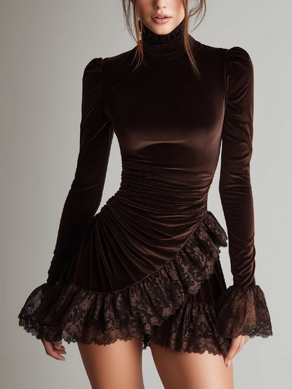 Elegant Brown Velvet Mini Dress for Women with High Neck Long Sleeve Ruched Lace Ruffle Cocktail Style
