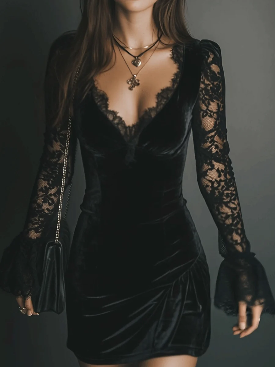 Elegant Black Velvet Mini Dress for Women with V Neck Lace Bell Sleeve Bodycon Cocktail Style