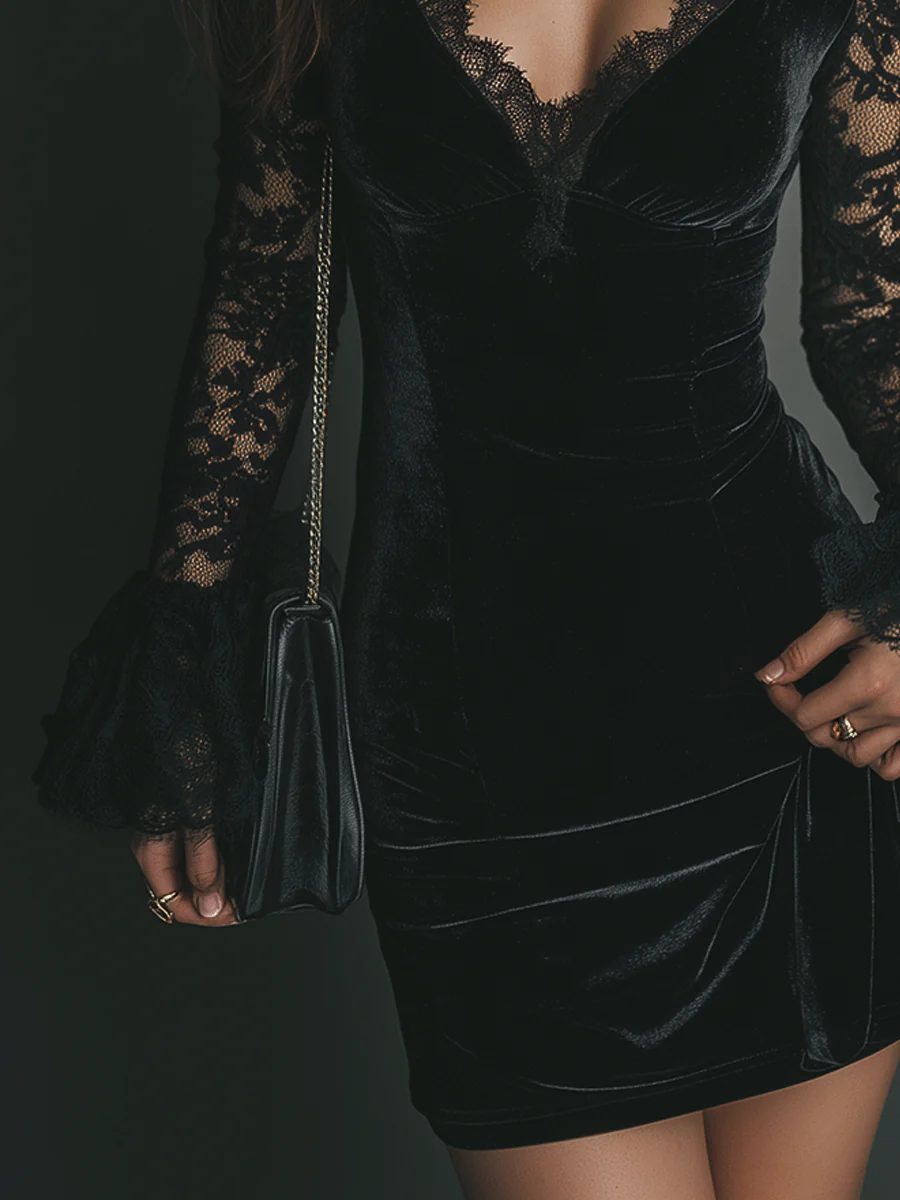 Elegant Black Velvet Mini Dress for Women with V Neck Lace Bell Sleeve Bodycon Cocktail Style