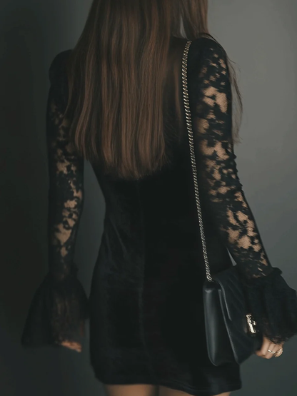 Elegant Black Velvet Mini Dress for Women with V Neck Lace Bell Sleeve Bodycon Cocktail Style