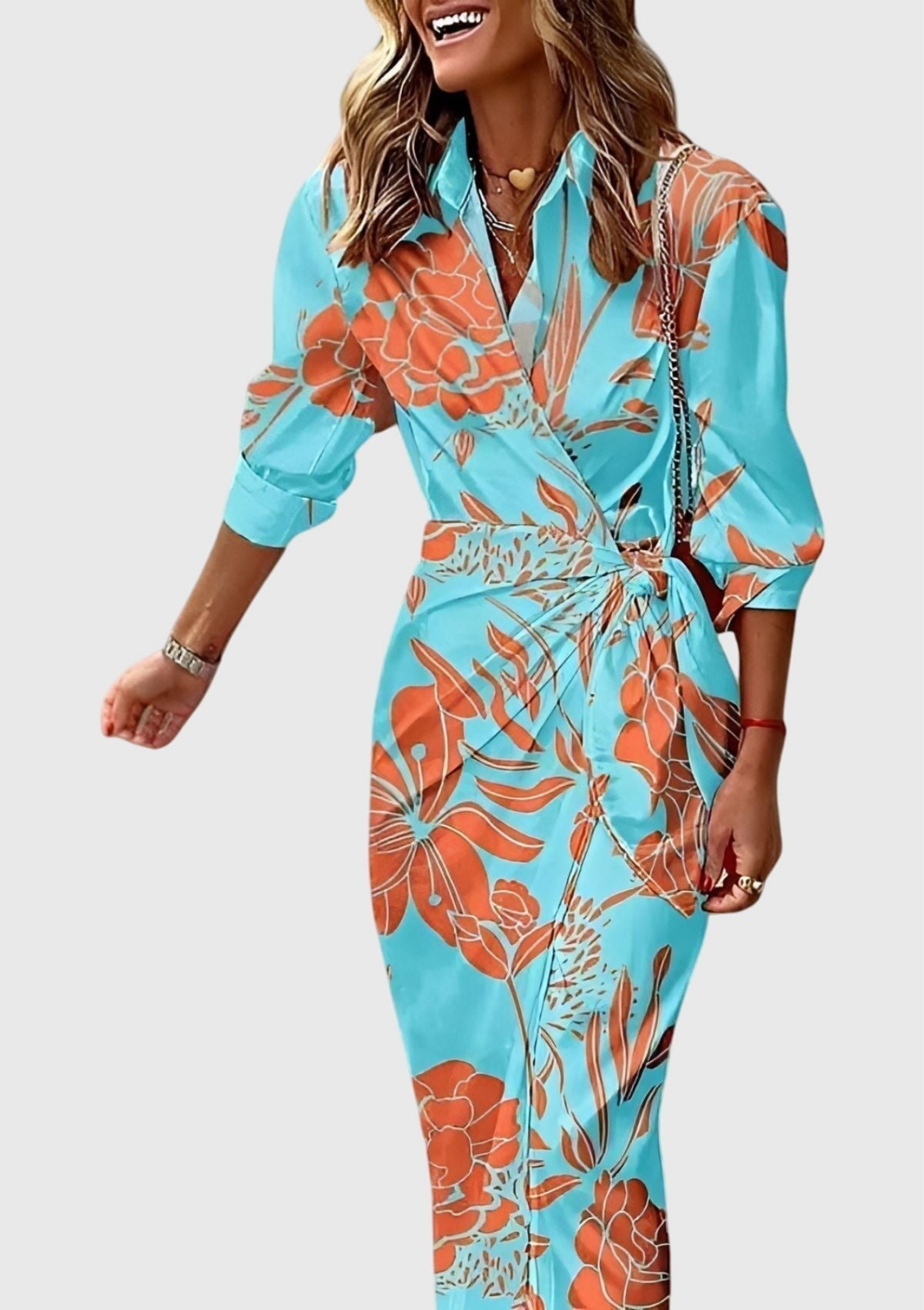 Elegant Printed Maxi Dress for Women with Wrap Bodice Long Sleeve Side Slit Formal Wedding Guest Style