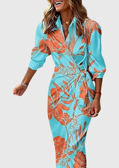 Elegant Printed Maxi Dress for Women with Wrap Bodice Long Sleeve Side Slit Formal Wedding Guest Style