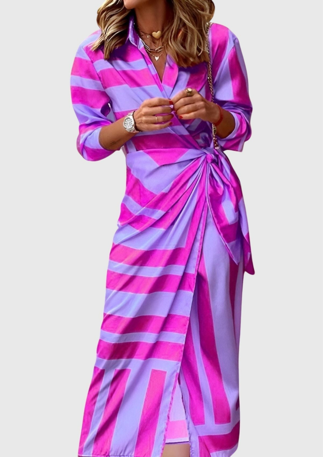 Elegant Printed Maxi Dress for Women with Wrap Bodice Long Sleeve Side Slit Formal Wedding Guest Style