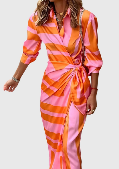 Elegant Printed Maxi Dress for Women with Wrap Bodice Long Sleeve Side Slit Formal Wedding Guest Style