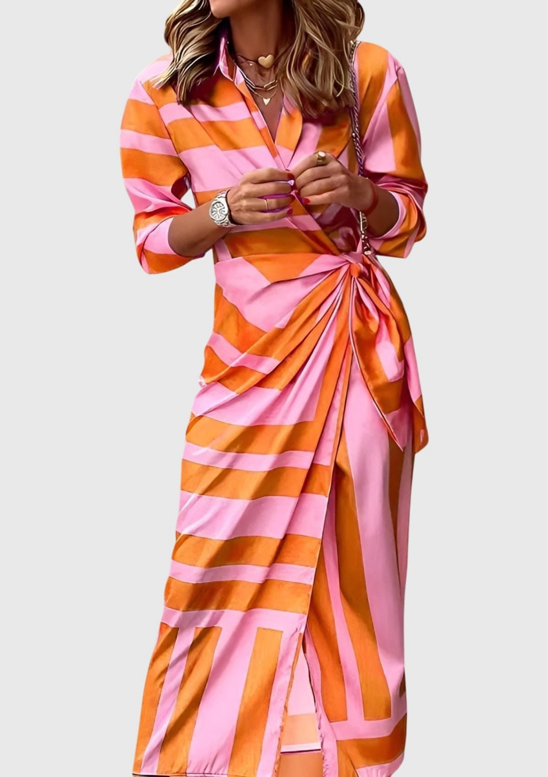 Elegant Printed Maxi Dress for Women with Wrap Bodice Long Sleeve Side Slit Formal Wedding Guest Style