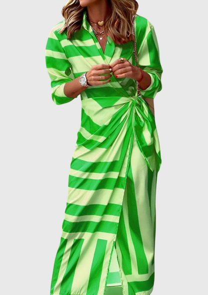Elegant Printed Maxi Dress for Women with Wrap Bodice Long Sleeve Side Slit Formal Wedding Guest Style