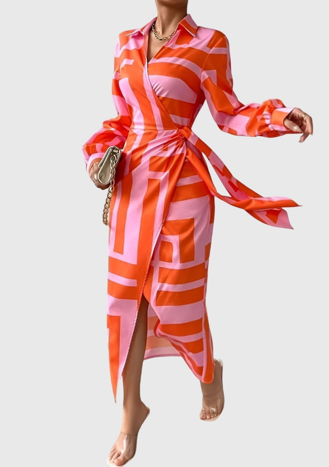 Elegant Printed Maxi Dress for Women with Wrap Bodice Long Sleeve Side Slit Formal Wedding Guest Style