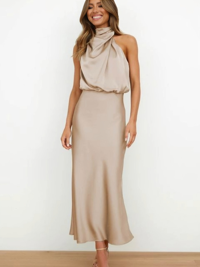 Elegant Satin Maxi Dress for Women with Halter Neck Blouson Bodice Sleeveless Formal Wedding Guest Style