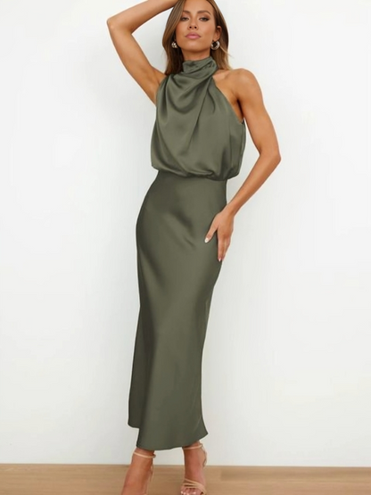 Elegant Satin Maxi Dress for Women with Halter Neck Blouson Bodice Sleeveless Formal Wedding Guest Style