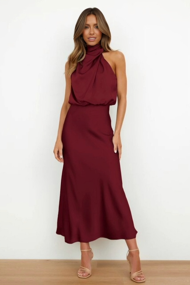 Elegant Satin Maxi Dress for Women with Halter Neck Blouson Bodice Sleeveless Formal Wedding Guest Style