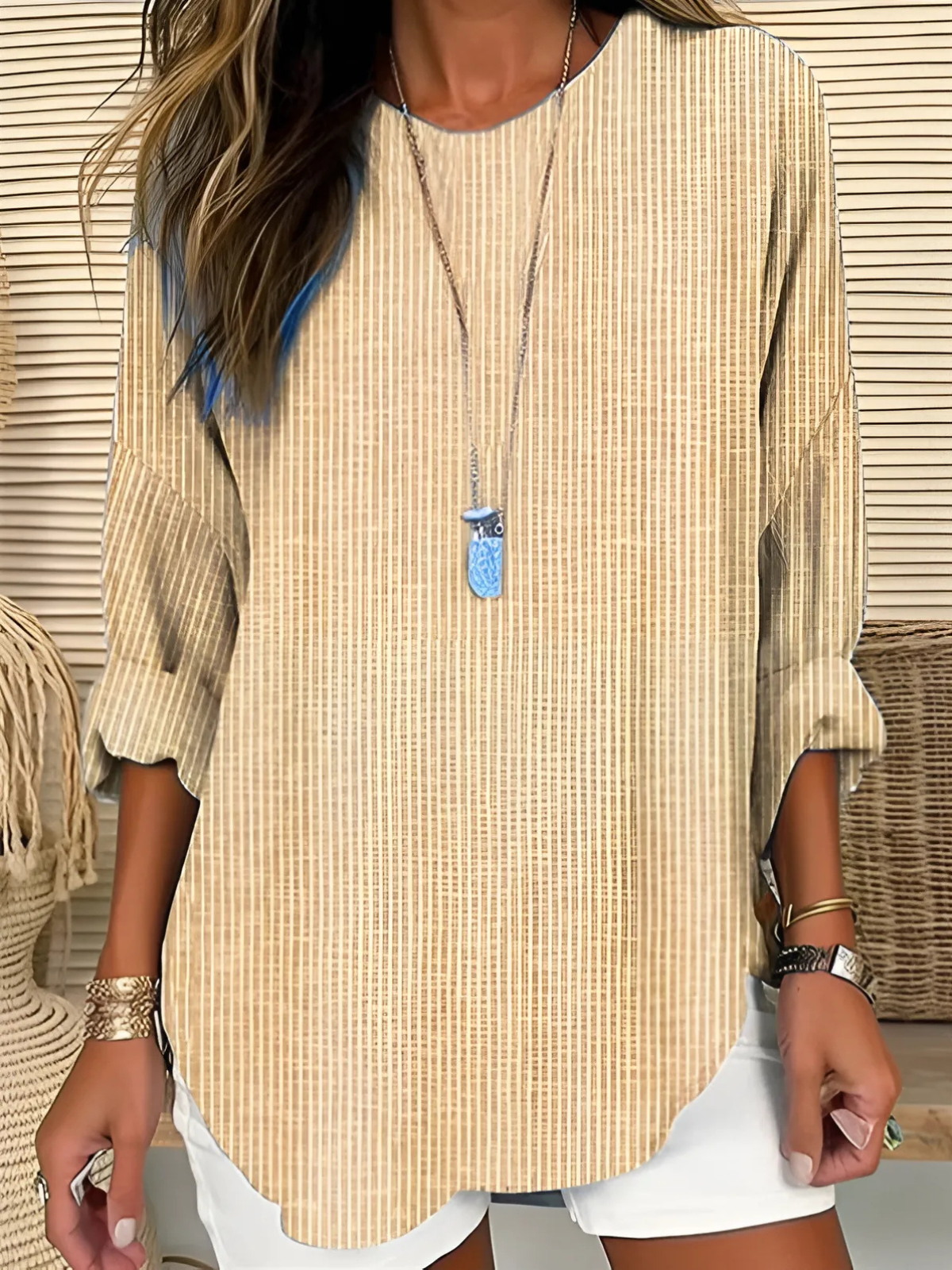 Effortless Striped Tunic Blouse for Women with Round Neck Elbow Sleeve Curved Hem Oversized Style