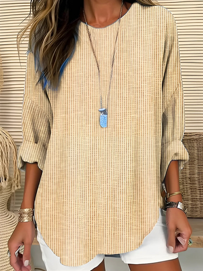 Effortless Striped Tunic Blouse for Women with Round Neck Elbow Sleeve Curved Hem Oversized Style