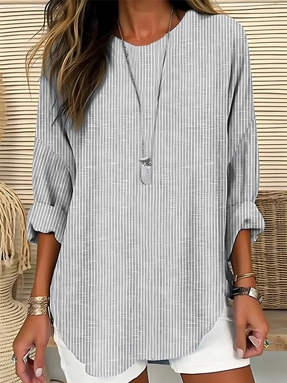 Effortless Striped Tunic Blouse for Women with Round Neck Elbow Sleeve Curved Hem Oversized Style