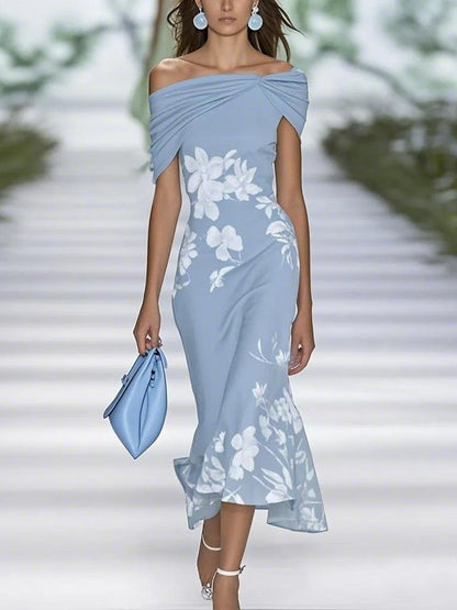 Elegant Floral Midi Dress for Women with Off Shoulder Draped Mermaid Flowing Style