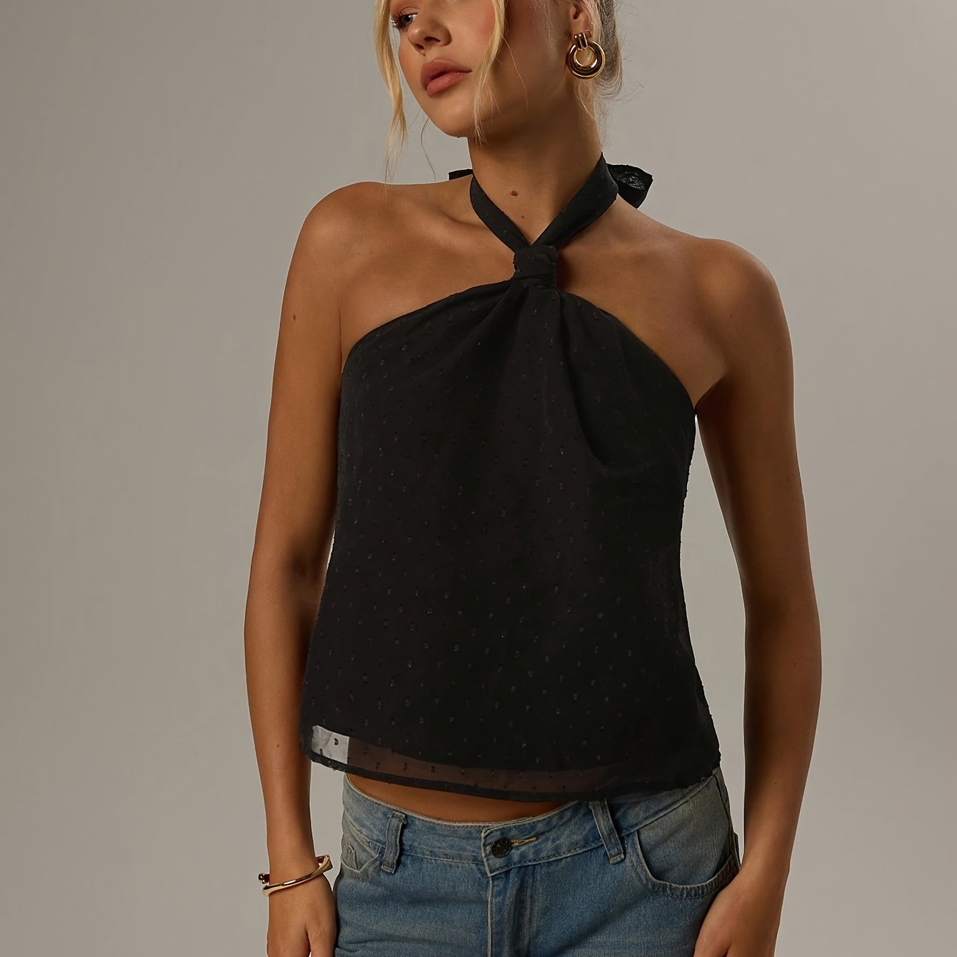 Elegant Black Swiss Dot Halter Top for Women with Twist Front Sleeveless Backless Cocktail Style