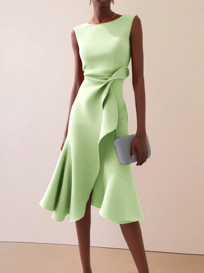 Elegant Draped Midi Dress for Women with Round Neck Sleeveless Asymmetrical Ruffle Flowing Style